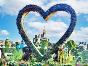 The iconic floral heart at Dubai Miracle Garden for residents.