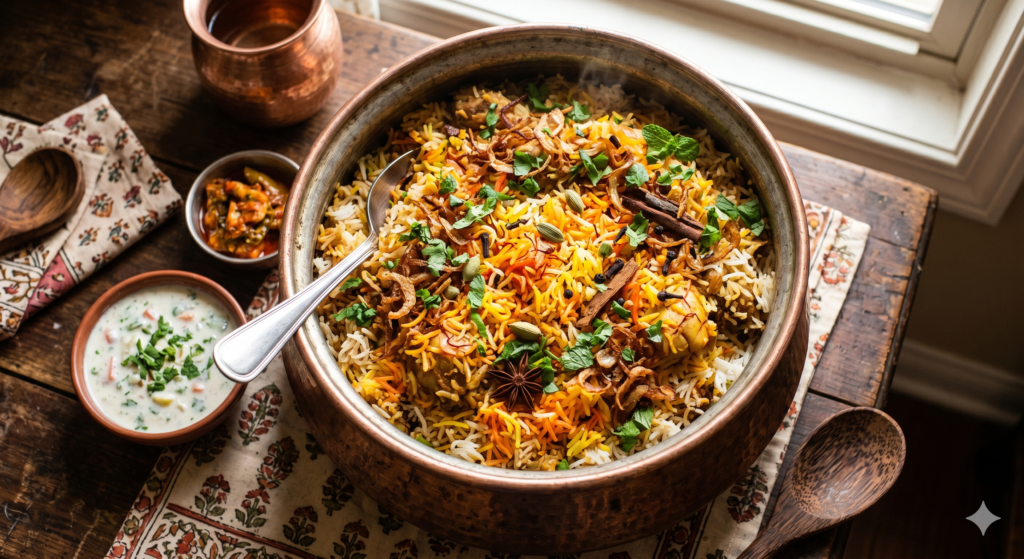 Mughal royal kitchen biryani served in traditional copper vessel India