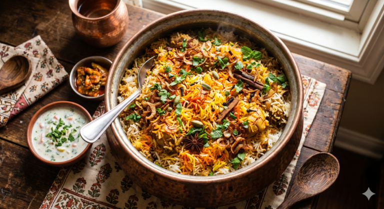 Mughal royal kitchen biryani served in traditional copper vessel India