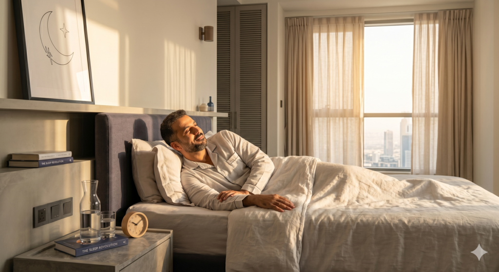 UAE resident waking up naturally rested without alarm morning light Dubai home wellness