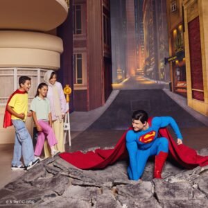 A happy family enjoying rides during the Kids Go Free promotion at Warner Bros World Yas Island Abu Dhabi