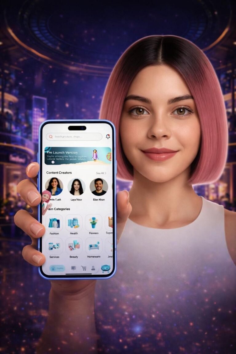 Personalized avatar exploring a digital boutique in the LaLaZar virtual mall in Dubai.