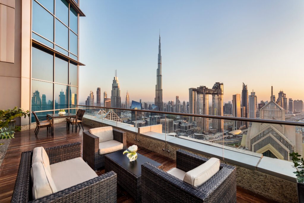 Professional setup in a Dubai hotel workspace with Burj Khalifa views at Shangri-La Dubai.