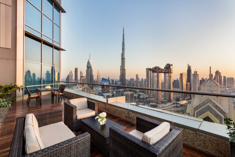 Professional setup in a Dubai hotel workspace with Burj Khalifa views at Shangri-La Dubai.