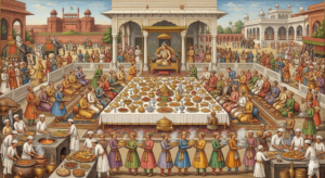 Mughal emperor royal kitchen feast historical illustration India

