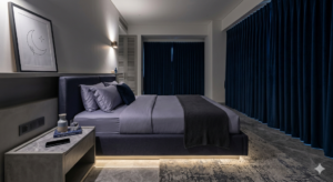 Intentional phone-free bedroom sleep environment Dubai home blackout curtains cool tones