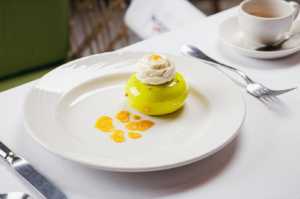 Tropical mango and coconut Dubai Mall dessert with beauty scratch card at Novikov Café Fashion Avenue.