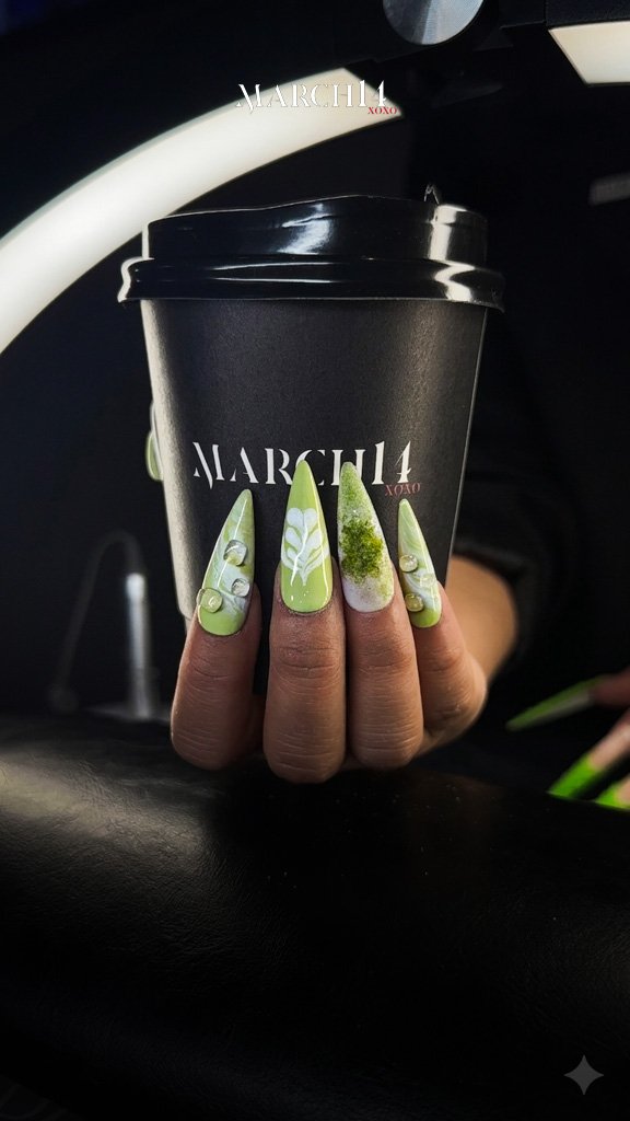 Artistic matcha nail art design on a non-toxic manicure at March14 Beauty Residence Dubai.