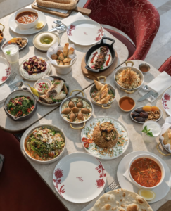 Vibrant sharing plates of a Middle Eastern brunch at Asma Dubai.