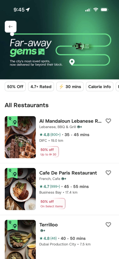 Browsing local restaurant delivery options on the smart Careem Far-Away Gems app update.