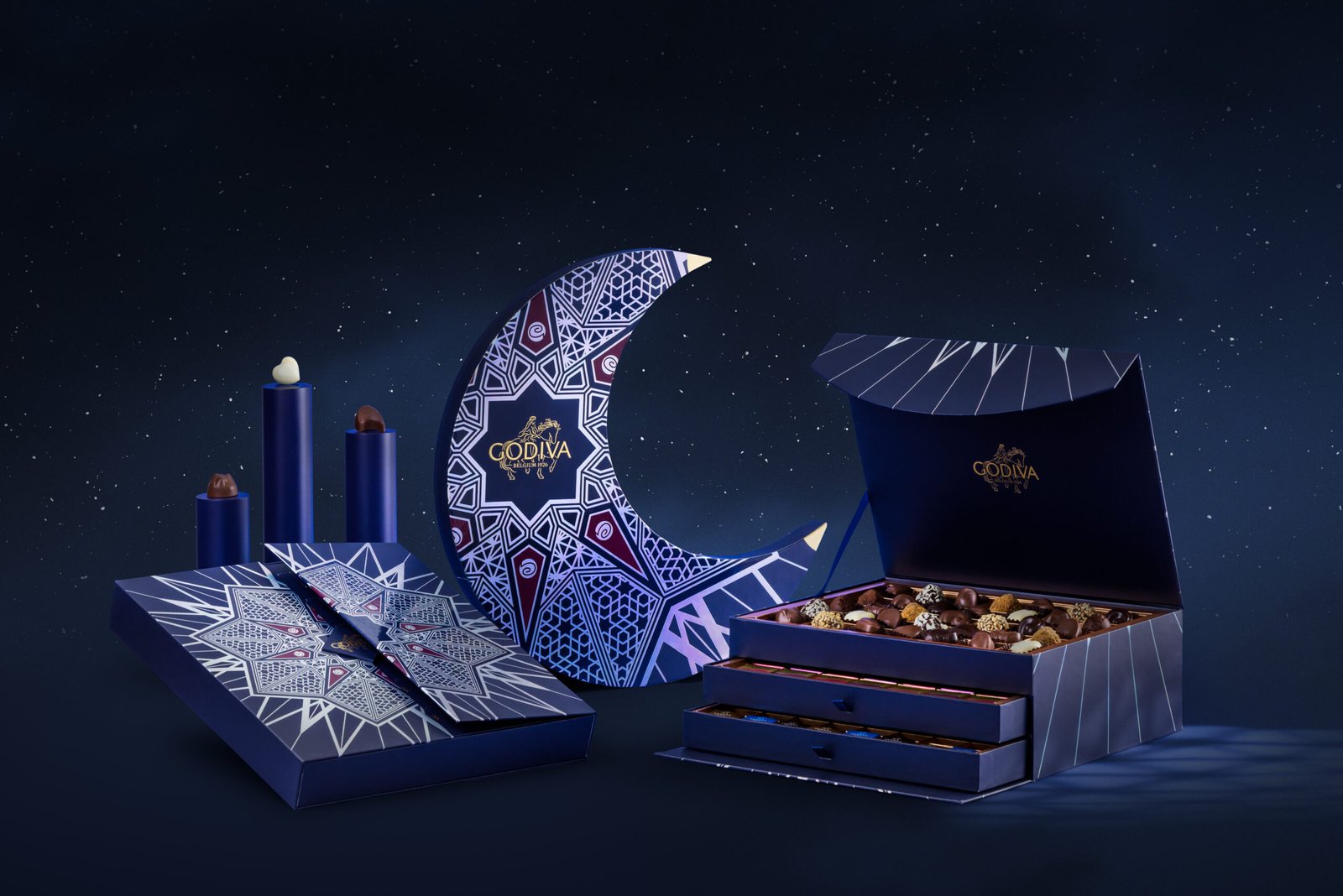 Gold crescent moon box for Eid chocolate gifts at GODIVA boutiques UAE.