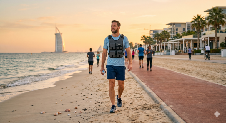 weighted walking Dubai resident Kite Beach morning fitness vest UAE 2026