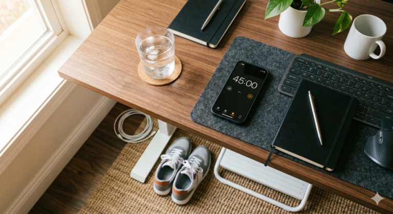 Movement snacks timer phone desk setup Dubai office wellness habit UAE