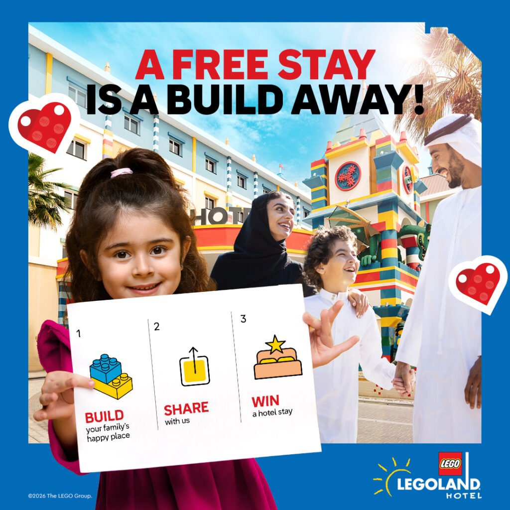 Family joining the building challenge for a fresh LEGOLAND Dubai staycation prize.