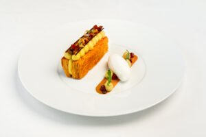 Signature millefeuille dessert at Pierre’s TT showcasing modern European gastronomy.