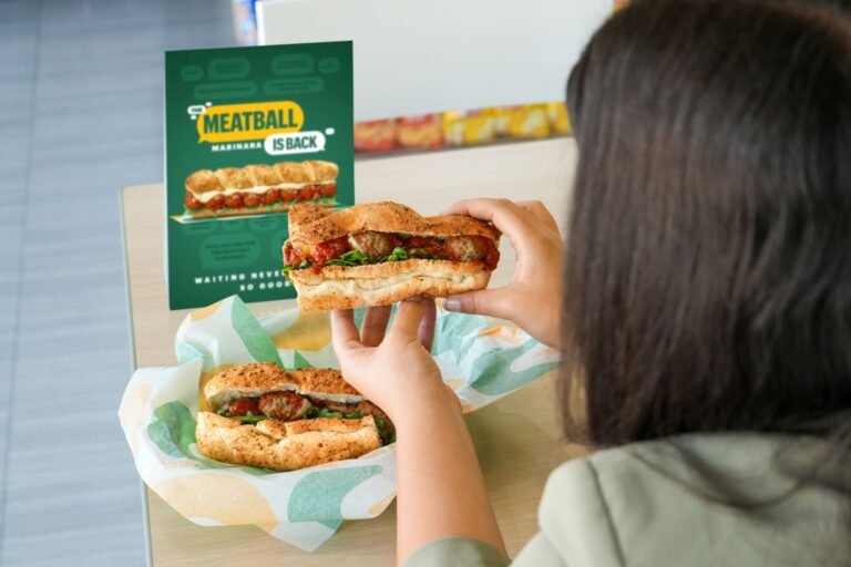 Close up of a Subway Meatball Sub with marinara sauce in Dubai.