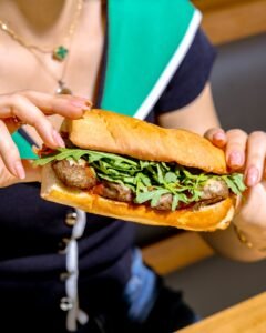 Close up of a Subway Meatball Sub with marinara sauce in Dubai.