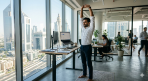 Dubai office worker movement snacks desk stretch Business Bay wellness 2026.